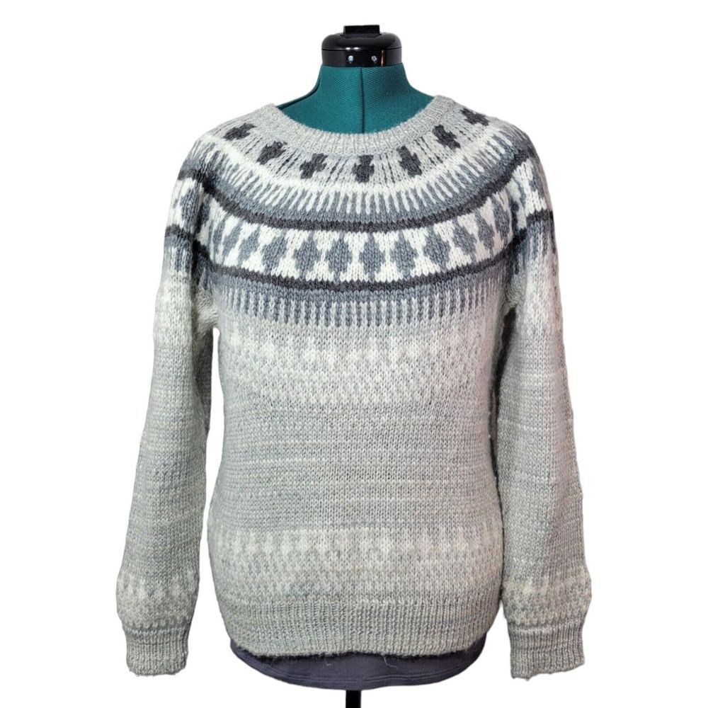 Lucky Brand‎ Fair Isle Gray Sweater Womens Chunky Knit Nordic Wool Blend Size L